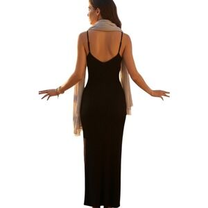 Freshman 1996‎ Black Ribbed Knit Maxi Slip Dress Spaghetti Straps V Neck size M